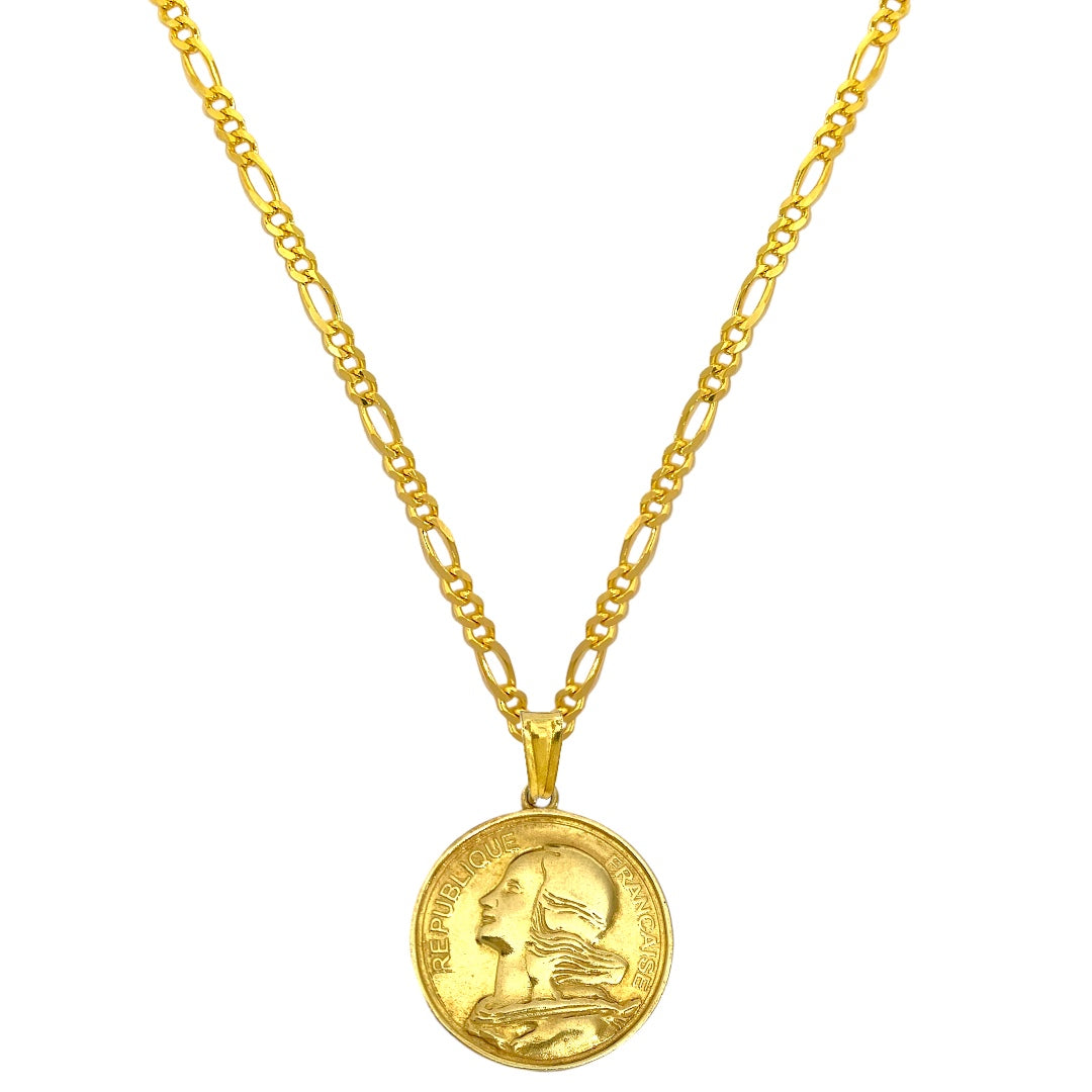 Collana Donna Oro Grosso Catena Curb Con Ciondolo Moneta - Acciaio Inox